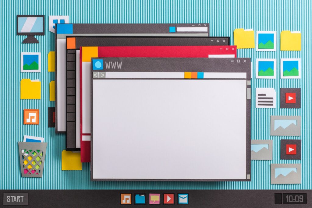 Operating system computer interface and multiple application windows open on the desktop