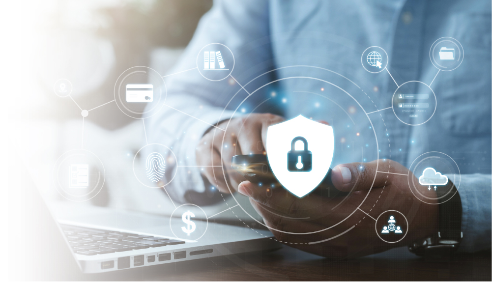 Hands typing on a smartphone with a digital lock symbol and cybersecurity technology interface overlay.