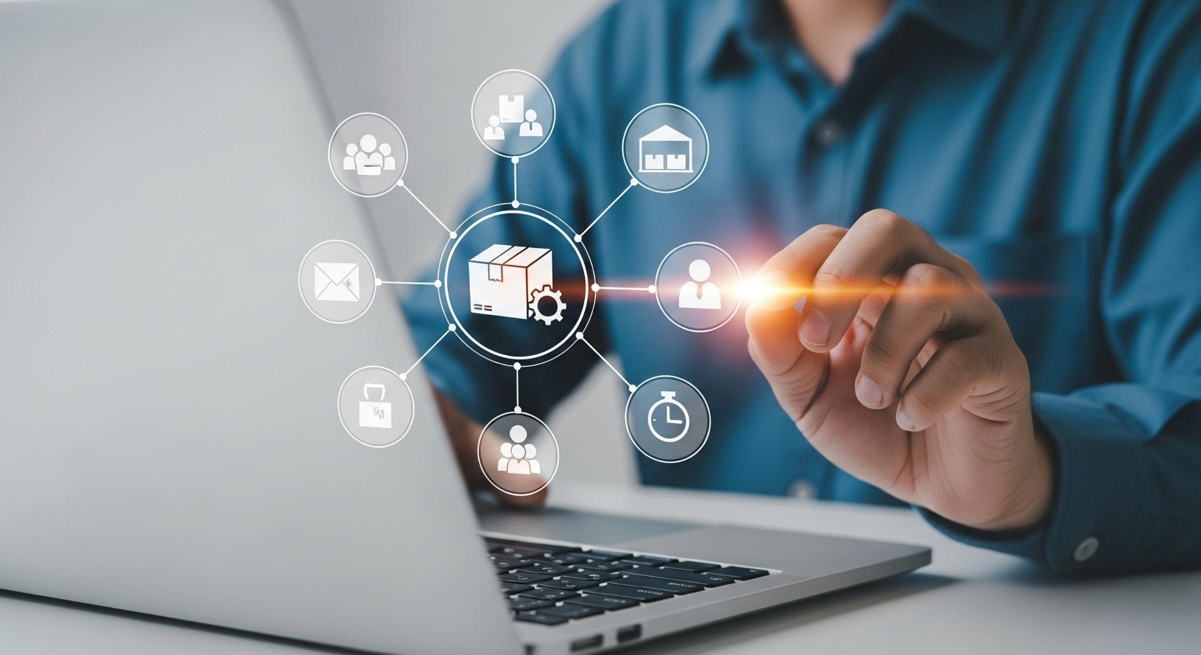 IT professional interacting with digital network and security icons over a laptop, illustrating proactive managed IT and cybersecurity solutions from Waterdog Technology Solutions.